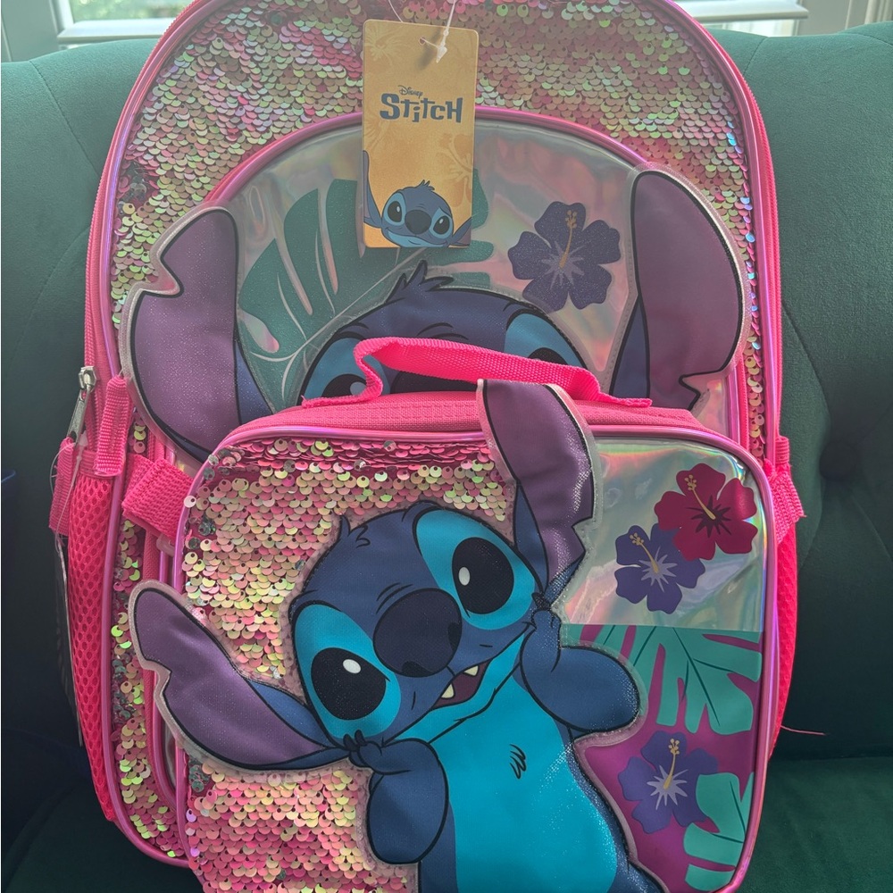 Disney Stitch Pink and Purple Sequin Backpack Set